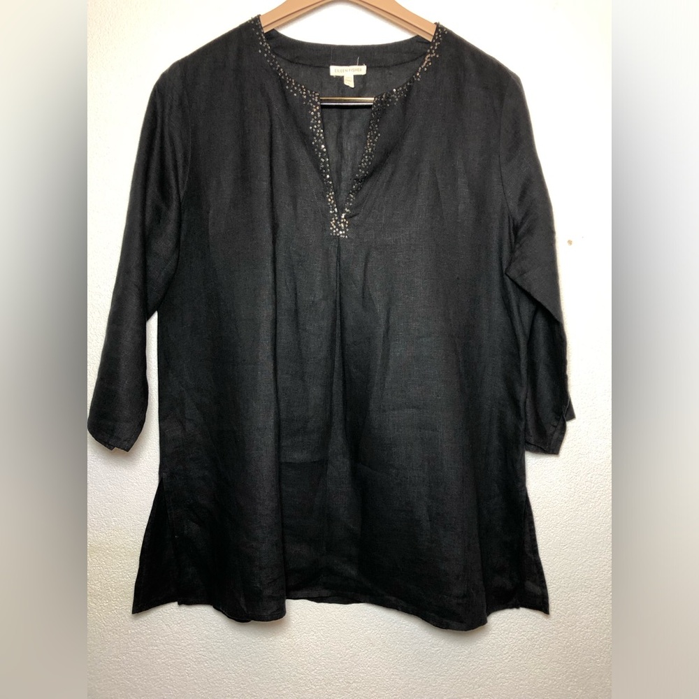 Eileen Fisher 100% Irish Linen Beaded/Sequin V Neck Tunic Top
